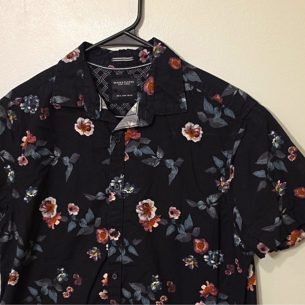 Denim & Flower Men's Woven Cotton SS Button-Up Shirt Slim Floral M Black #238